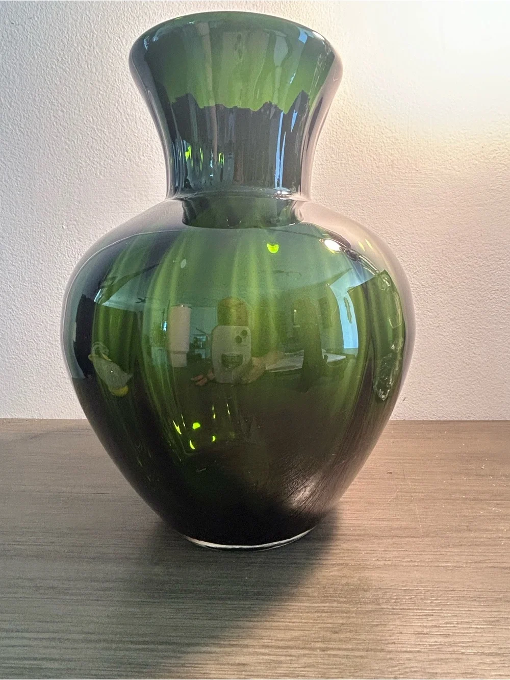 Dark Green Vase Ribbed on Inside Murano Style Optics